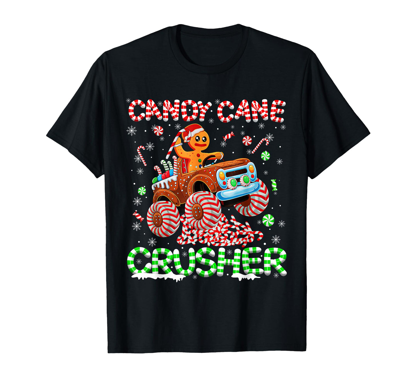 Kids Christmas Gingerbread Candy Cane Crusher Monster Truck T-Shirt