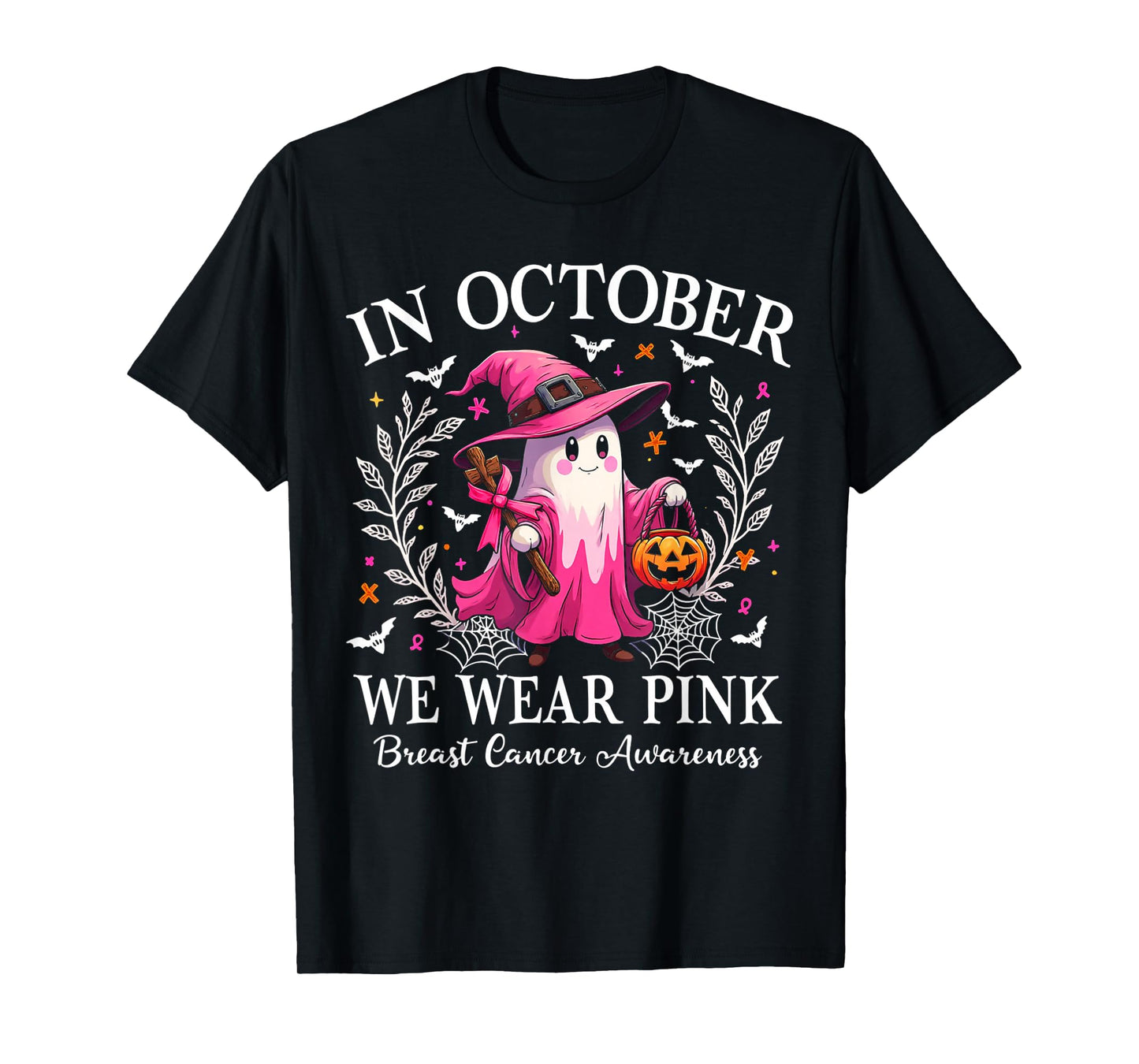 Breast Cancer Awareness 2025 Cute Pink Ghost with Witch Hat T-Shirt