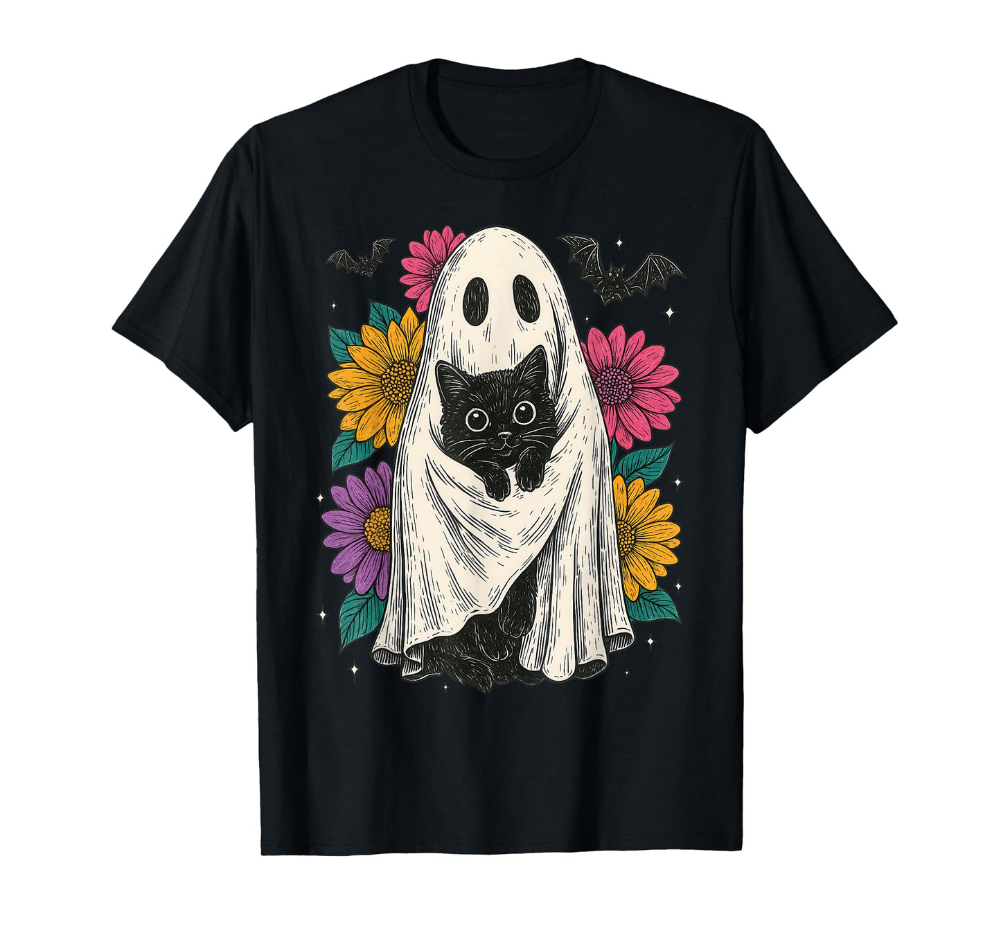 Retro Halloween Ghost and Cat Preppy Floral Halloween T-Shirt