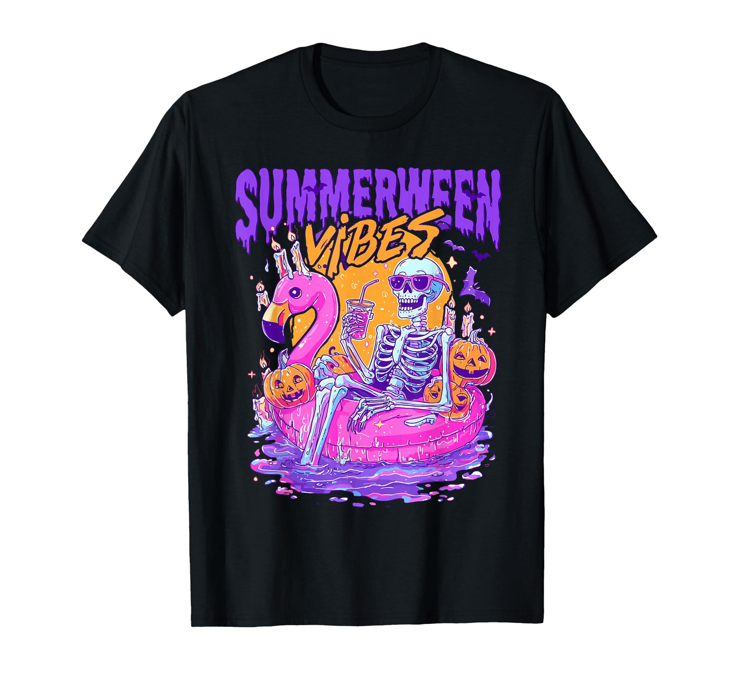 Summerween Vibes Spooky Skeleton Flamingo Pool Halloween T-Shirt