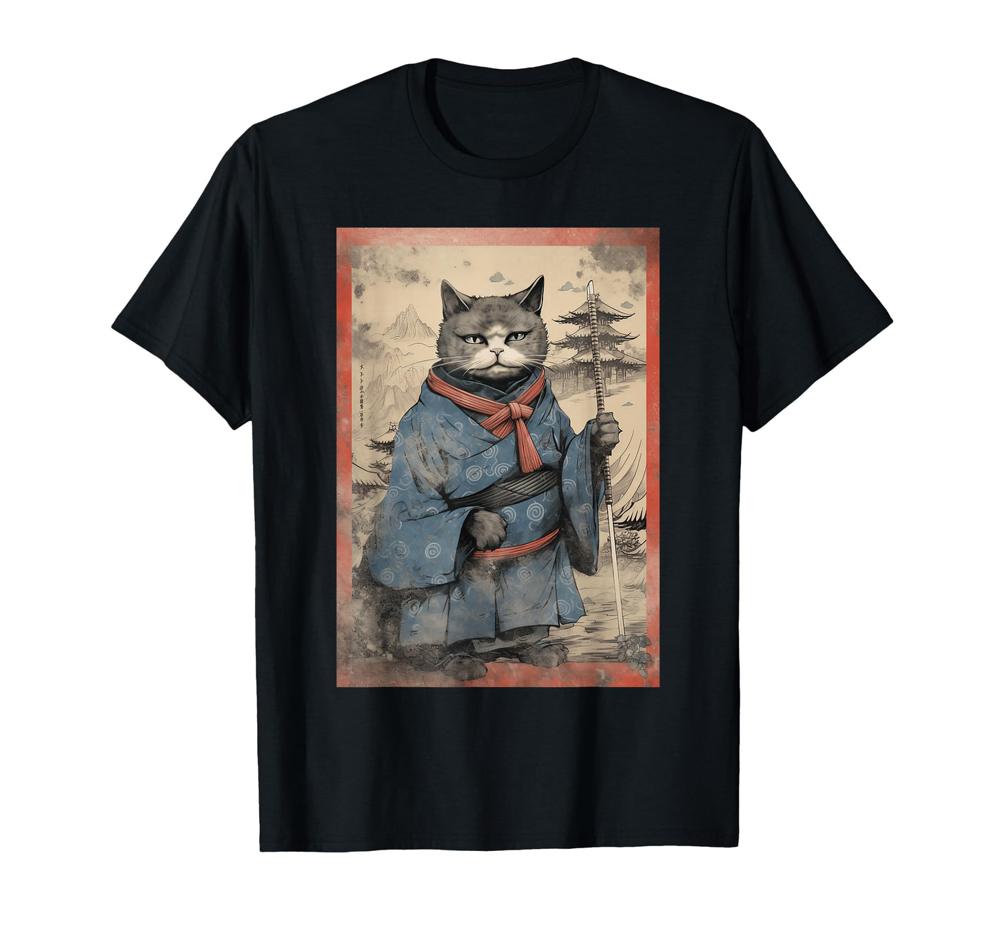 Japanese Art Cat Ninja Ukiyo-E Anime Style Samurai T-Shirt