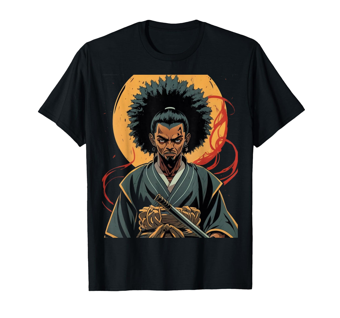 Afro American Samurai Anime Cartoon Japanese Bushido Warrior T-Shirt