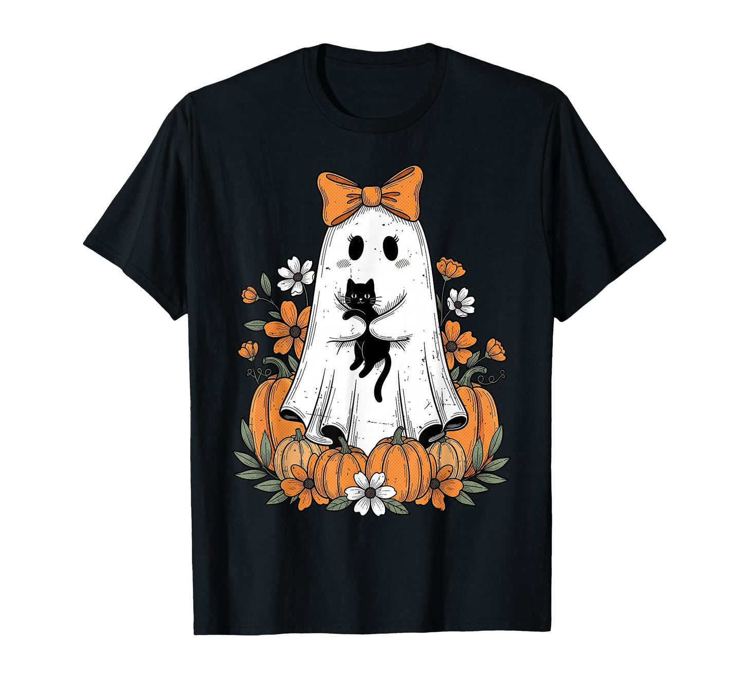 Retro Halloween Cute Ghost Holding Black Cat Floral Pumpkin T-Shirt