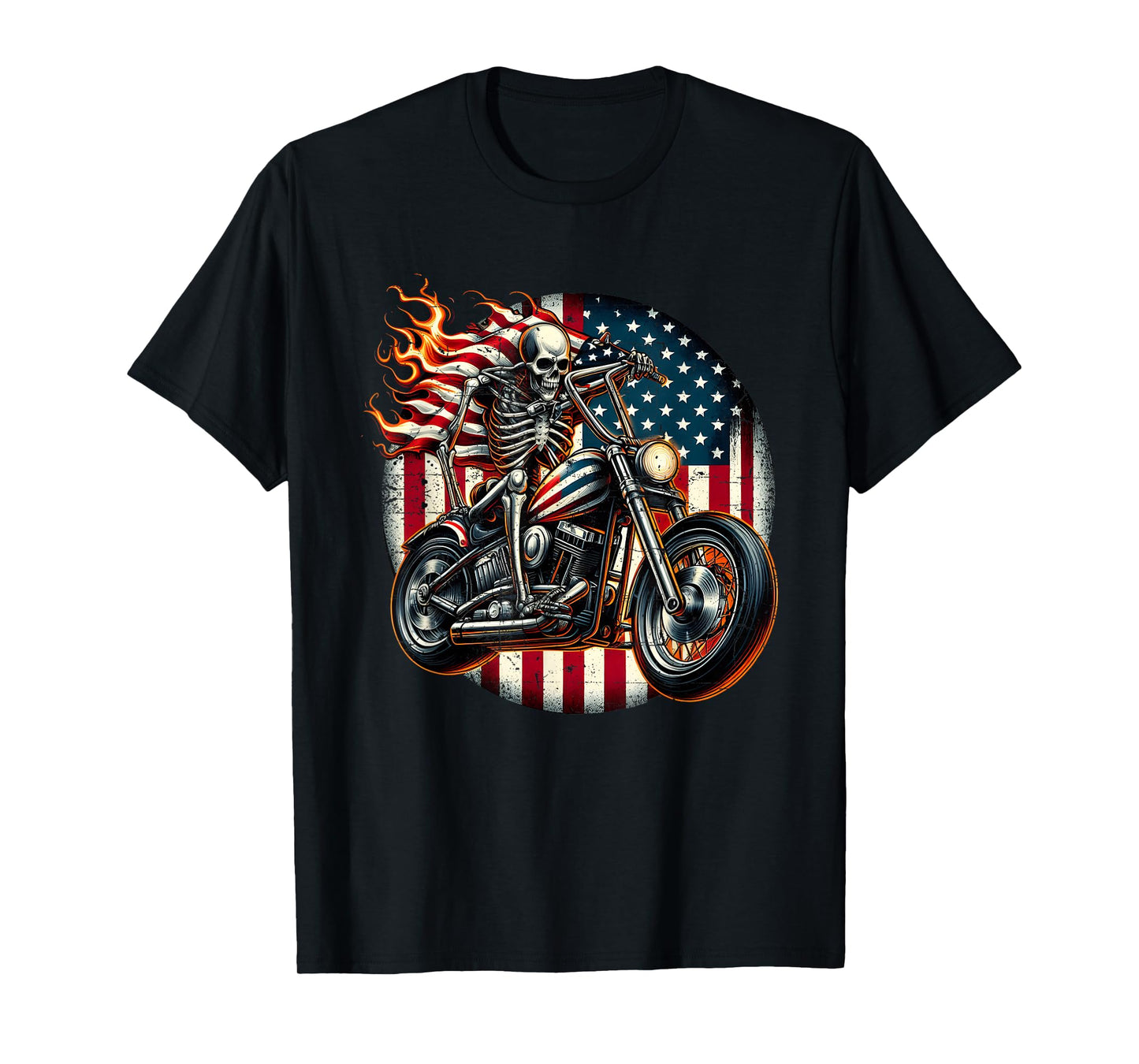 USA Flag Motorcycle Skeleton Biker 4th July American Patriot T-Shirt