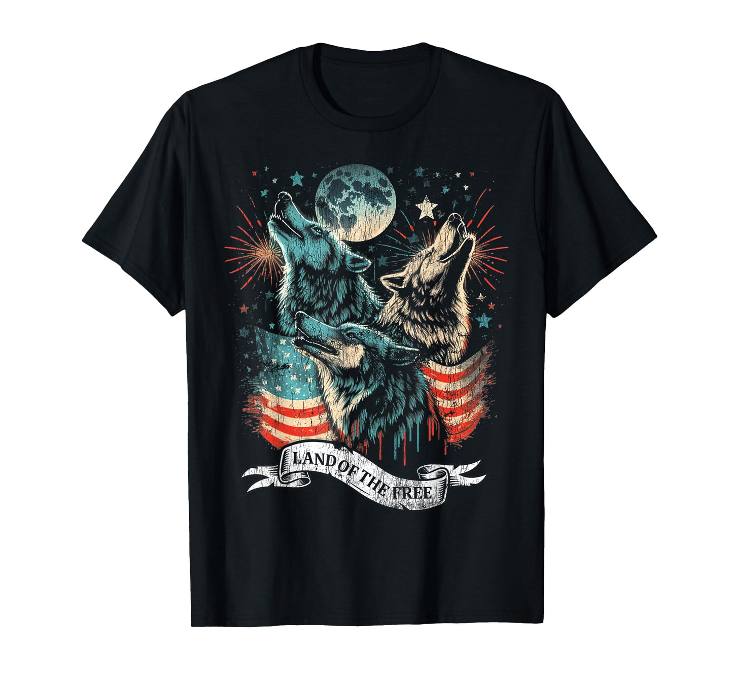 Wolf 4th of July American Flag Howling America Moon Funny T-Shirt for Women Kids Men