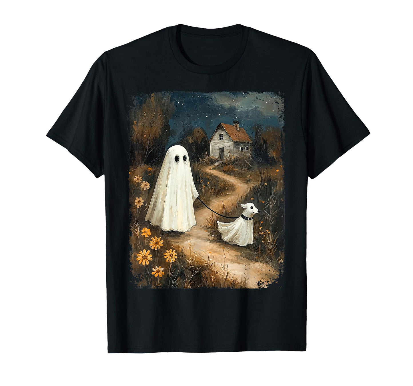 Cute Ghost Walking Dog Halloween Spooky Season Fall Vibes T-Shirt