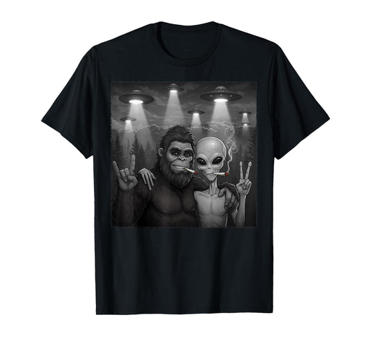 Bigfoot Alien Sasquatch Rock On Peace Hand Sign Marijuana T-Shirt