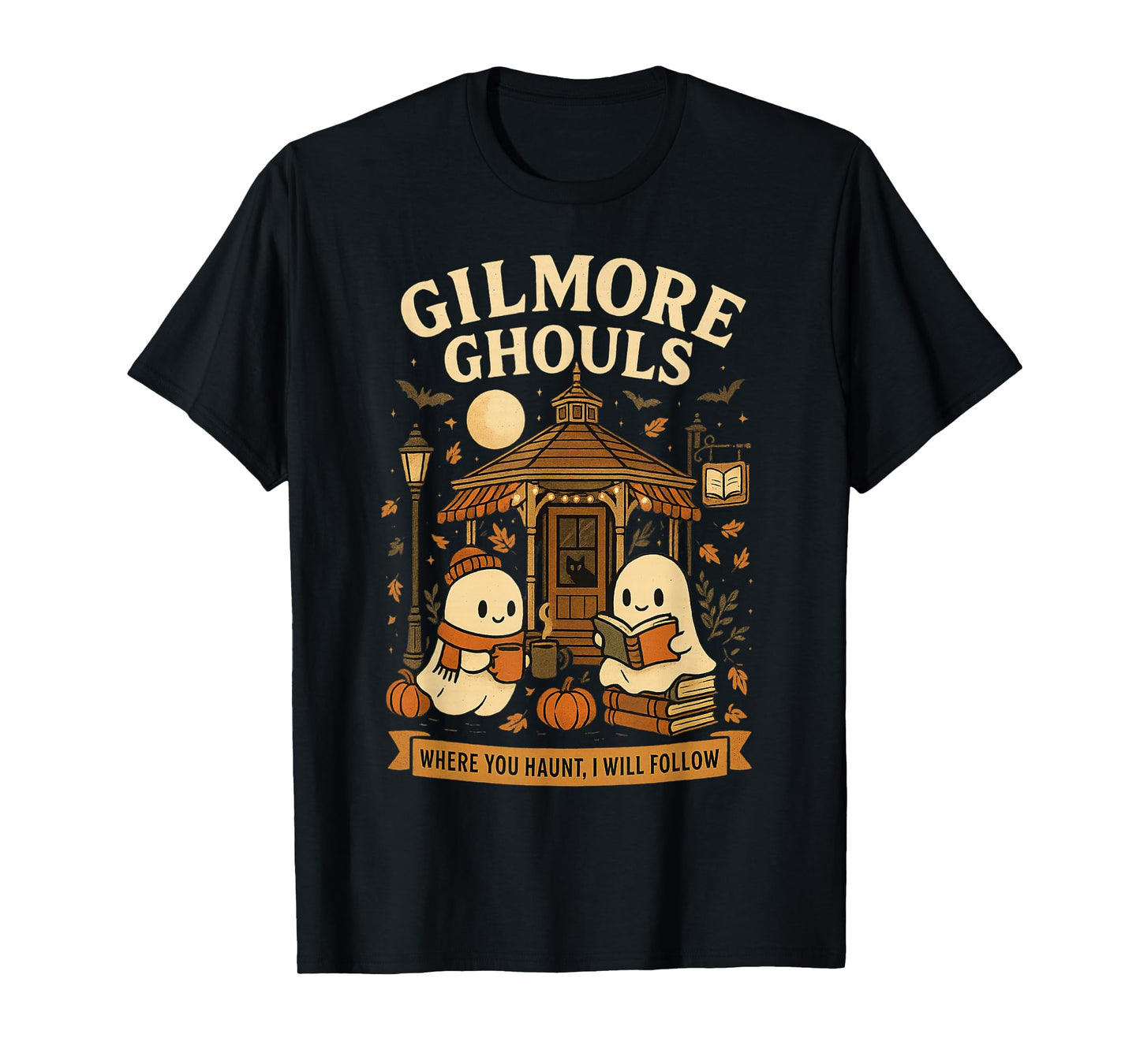 Cozy Ghouls Bookish Halloween Gazebo Scene T-Shirt