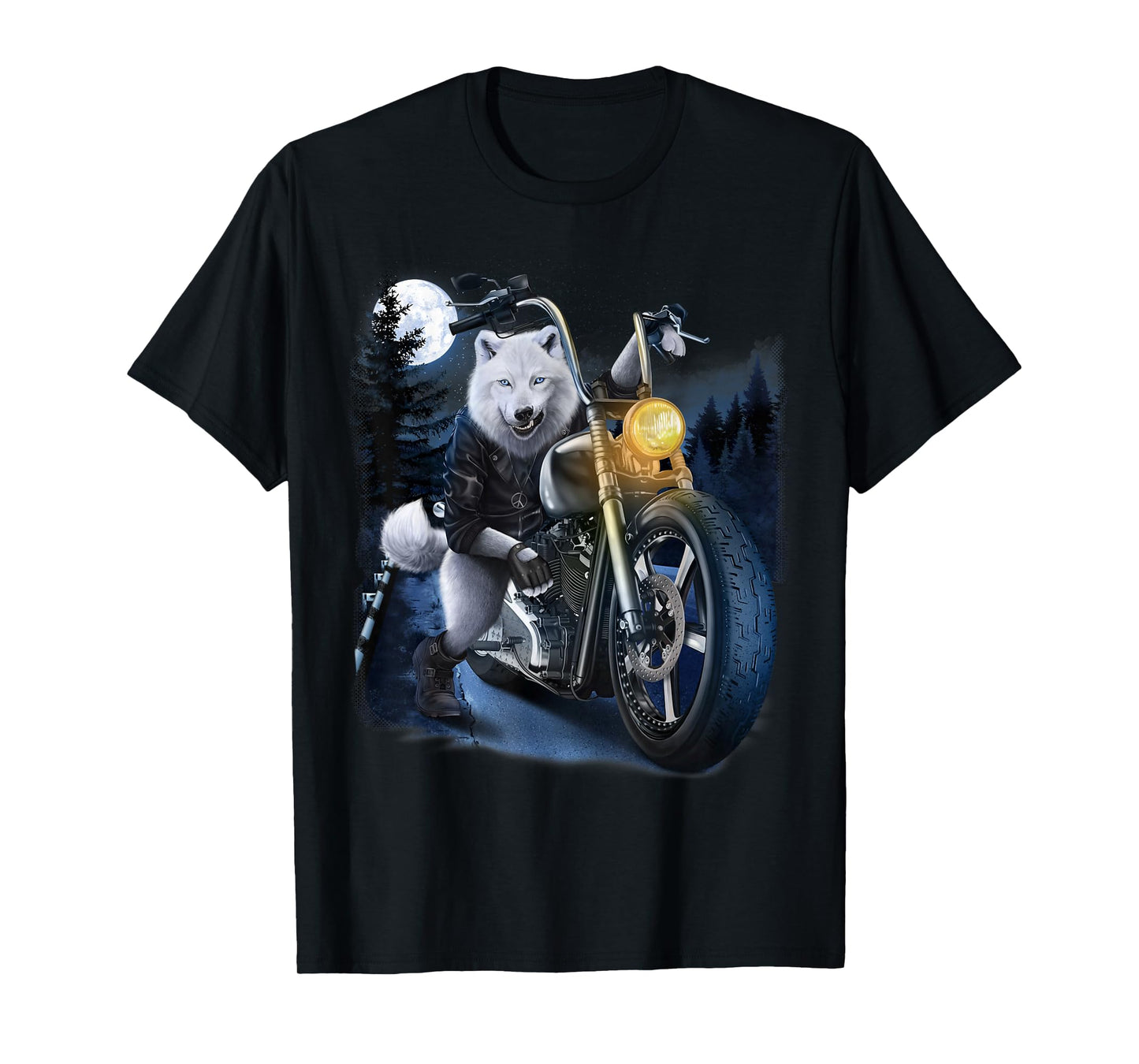 Wolf Riding Chopper Motorcycle in Full Moon T-Shirt