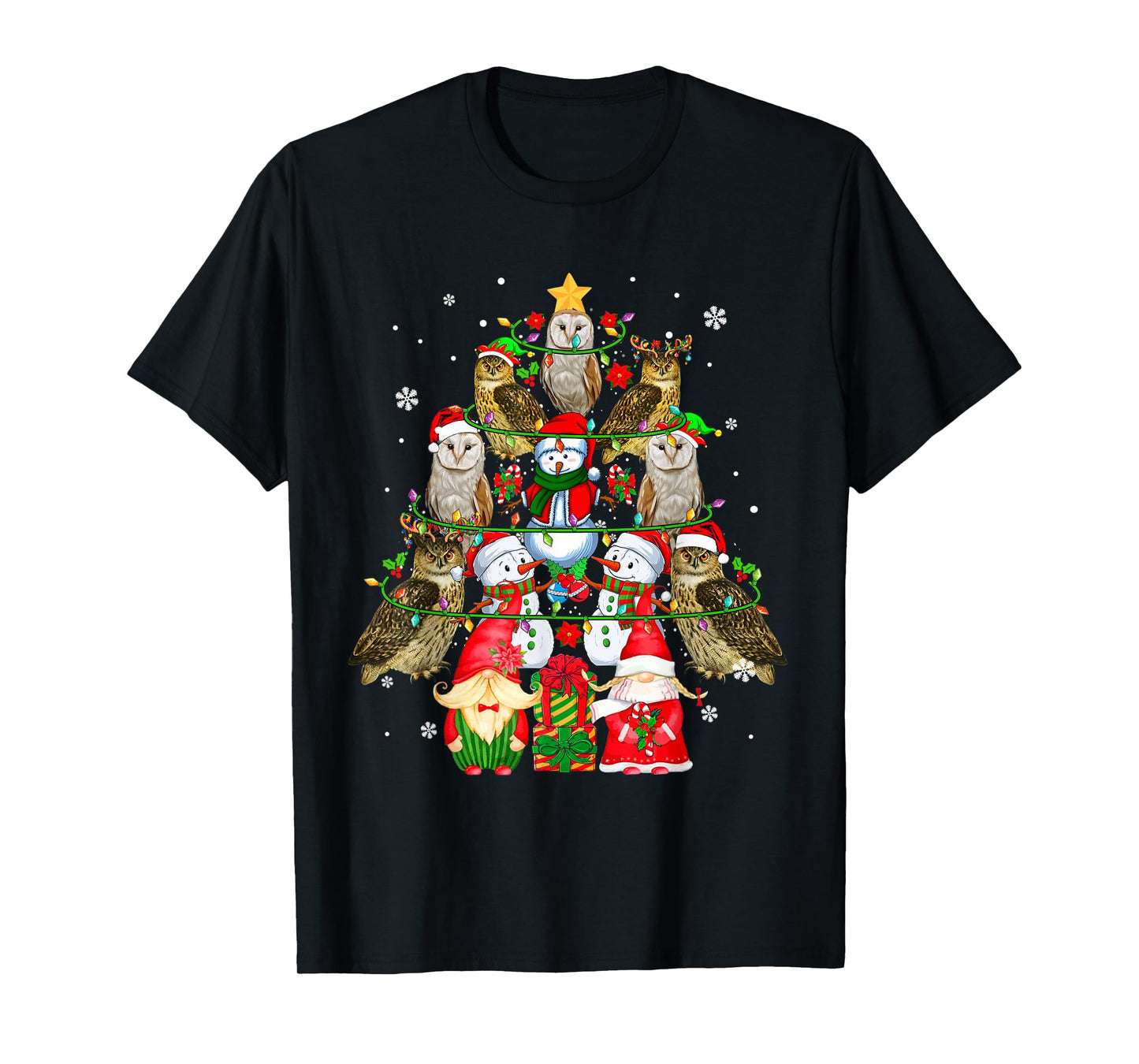 Group Santa Owls With Snowmen Gnomes As Xmas Tree Lover T-Shirt