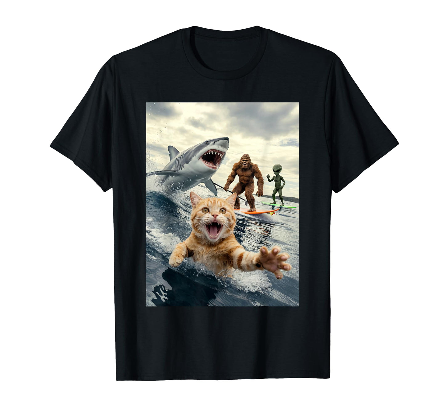 Funny Cat Surfing Bigfoot Alien Shark T-Shirt