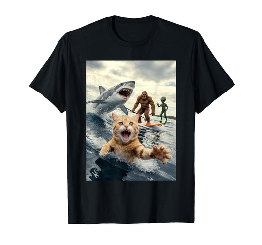 Funny Cat Surfing Bigfoot Alien Shark T-Shirt