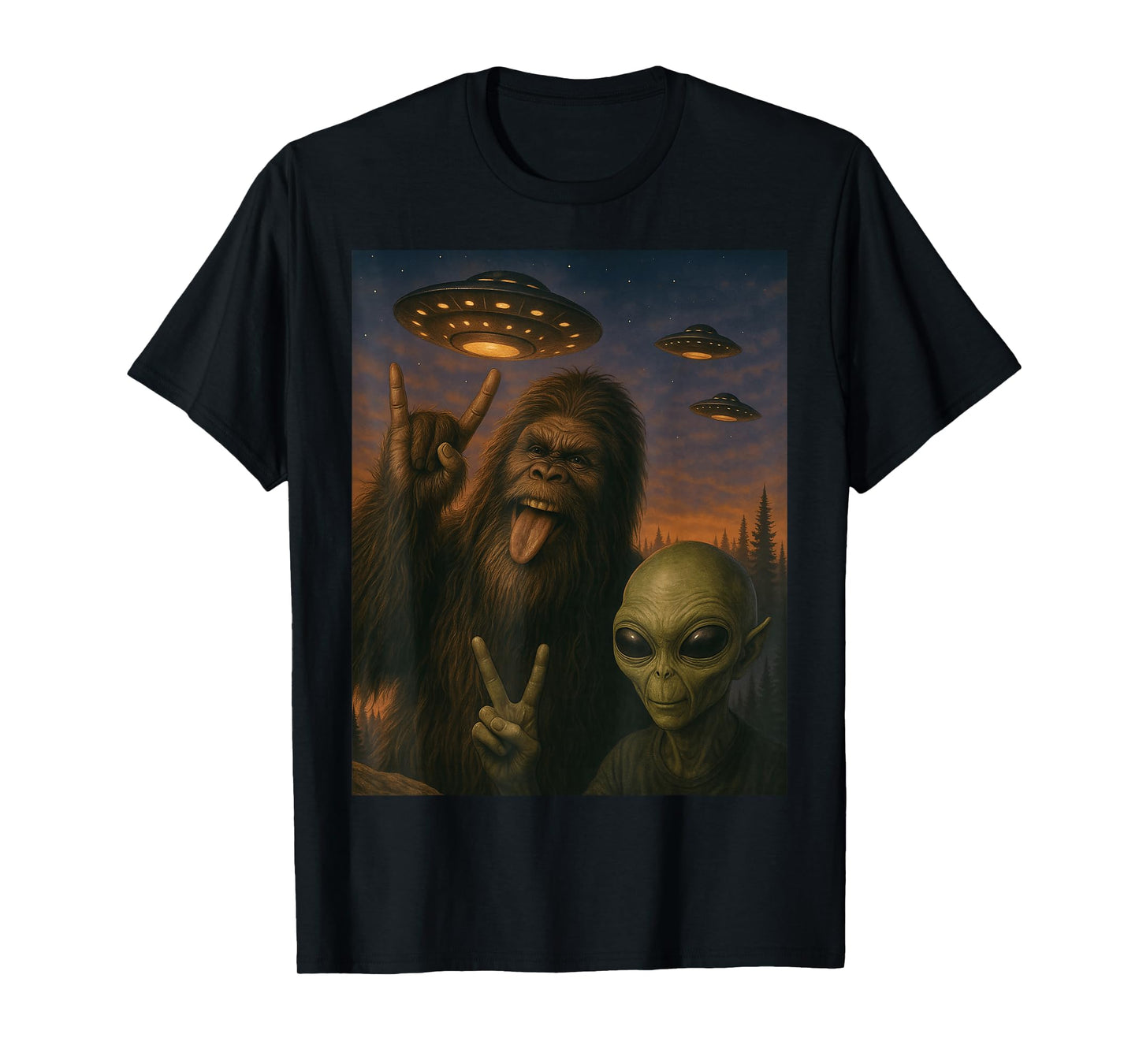 Bigfoot Alien Rock On Selfie UFO Funny Gifts Men Women Kid T-Shirt