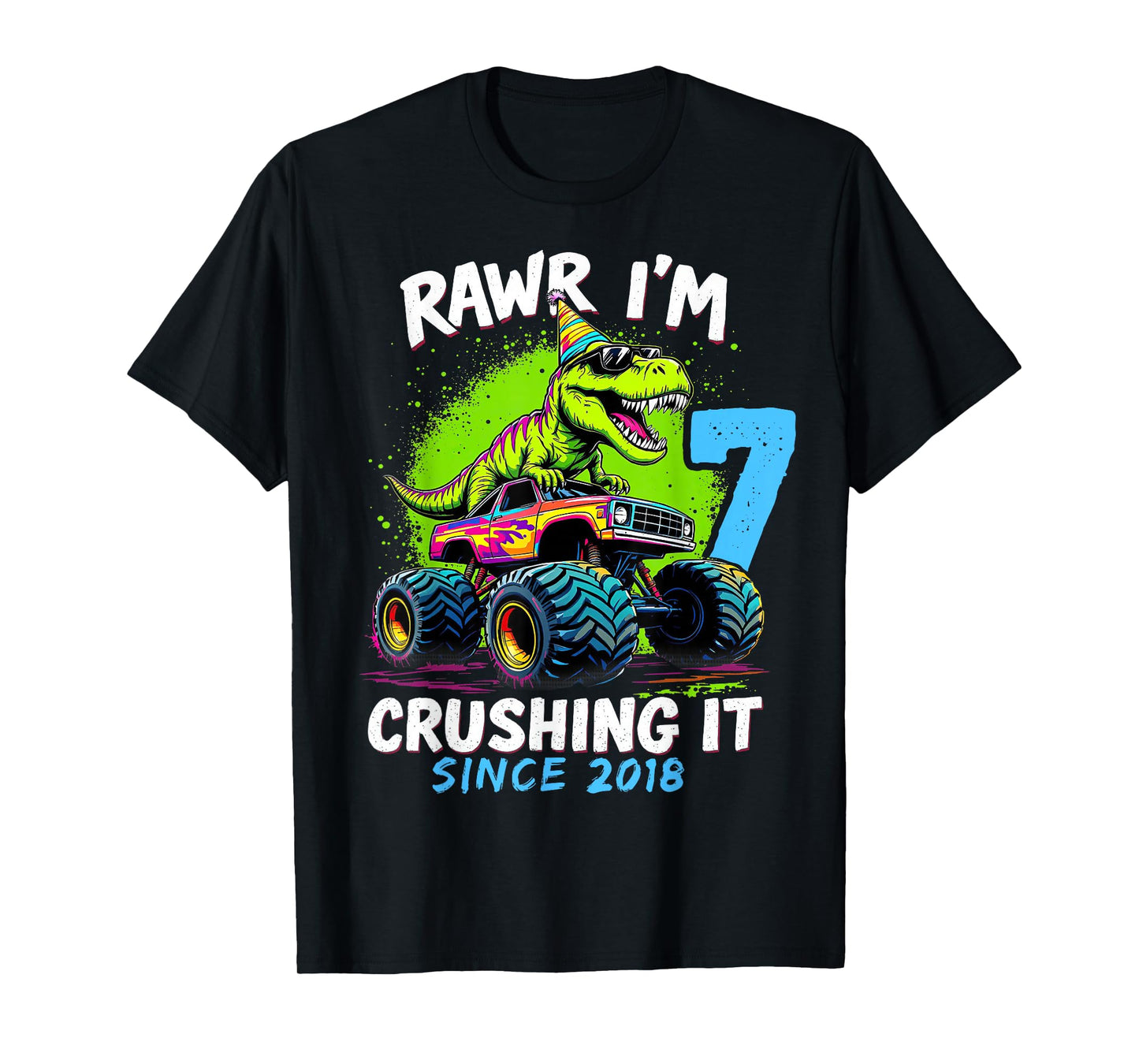 7th Birthday Monster Truck Dinosaur Party Boys Rawr I'm 7 T-Shirt