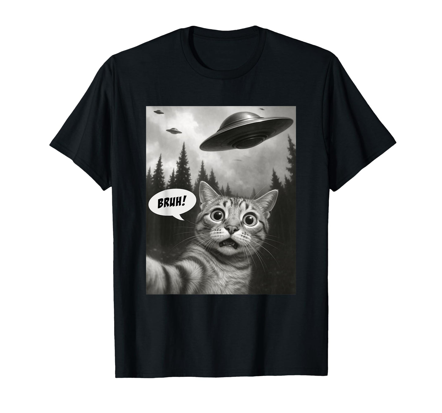 Funny Cat Bruh For Teens Boys Meme Cat Selfie with UFOs T-Shirt