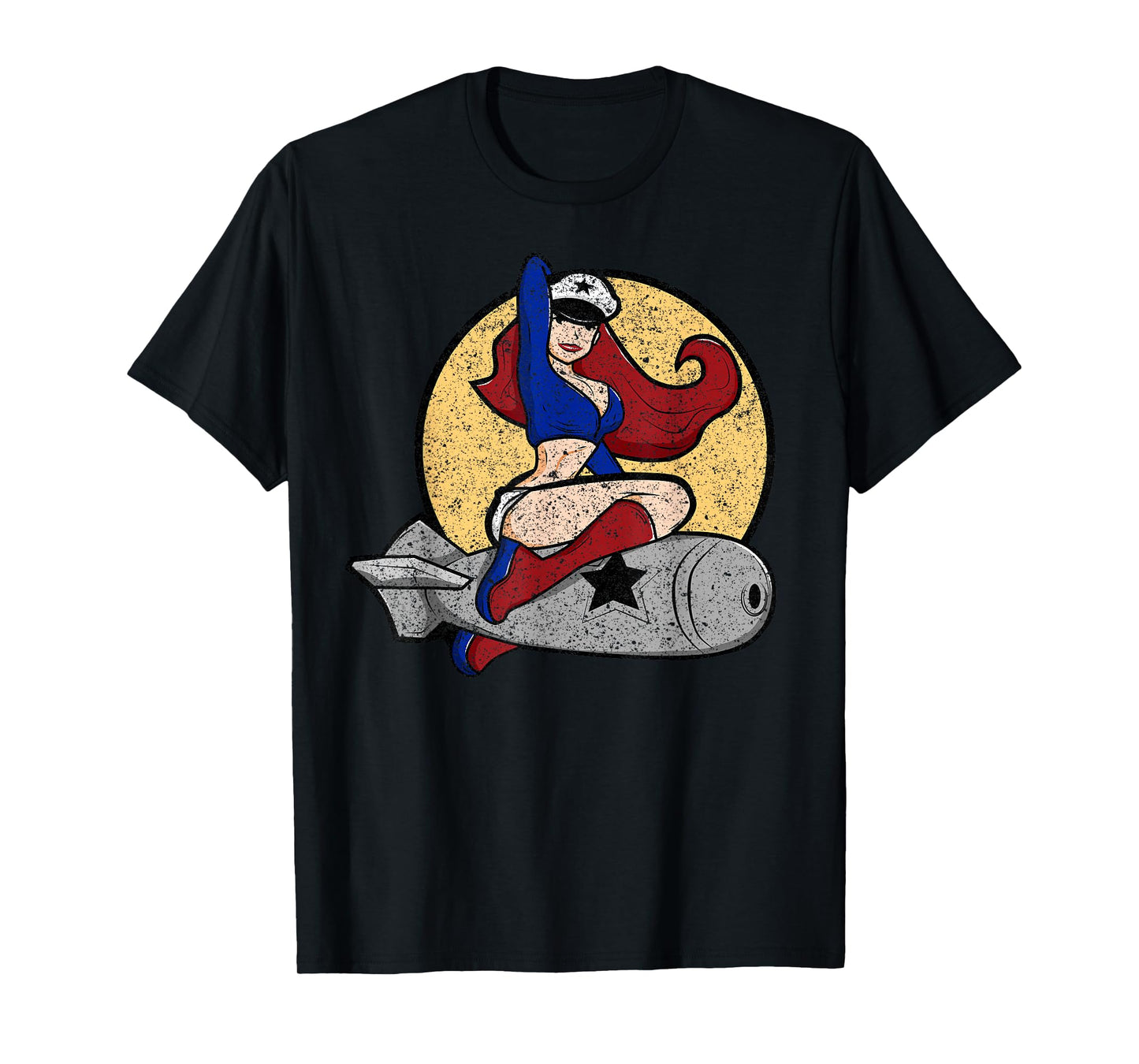 THE SALTY VETERAN WW2 Death From Above Bomber Pinup Patch Distressed Black Cotton/Polyester T-Shirt