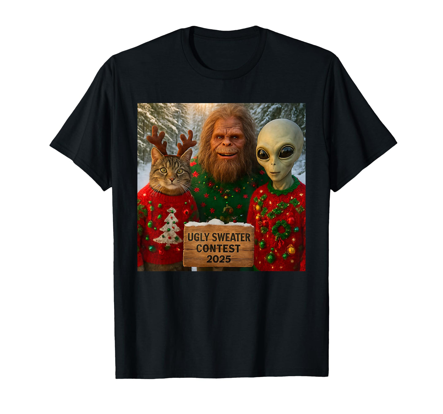 Funny Christmas Cat Selfie with Bigfoot Alien Ugly Sweater T-Shirt
