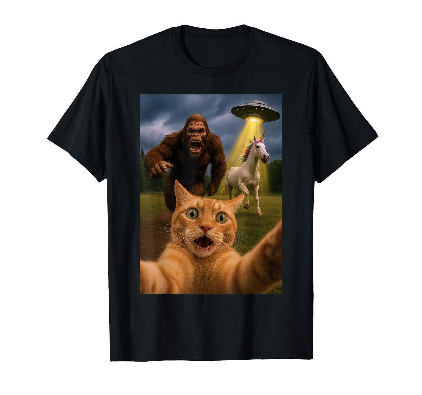 Funny Graphic Tee Cat Selfie with Bigfoot Unicorn Alien UFO T-Shirt