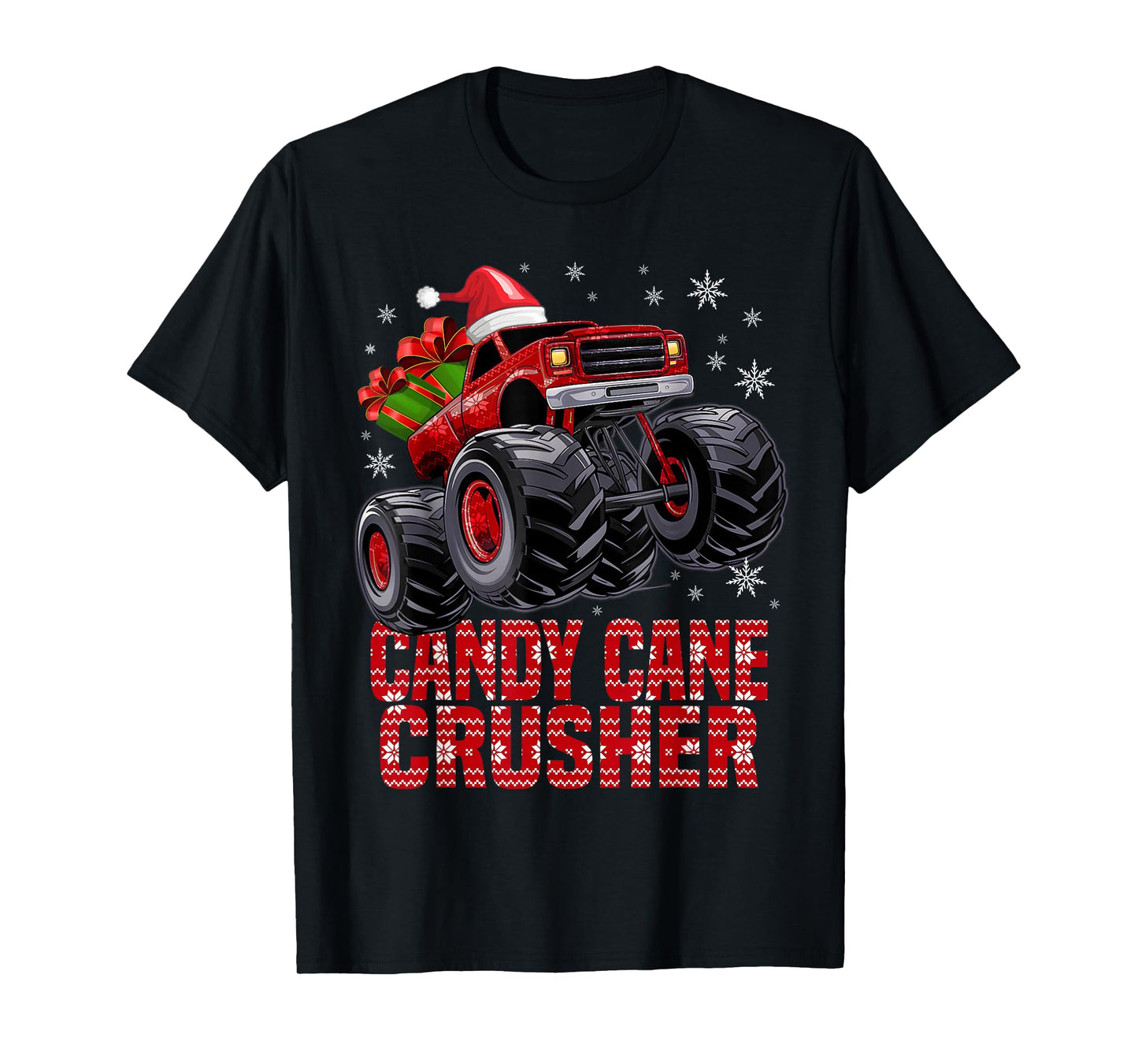 Kids Christmas Candy Cane Crusher Xmas Monster Truck T-Shirt