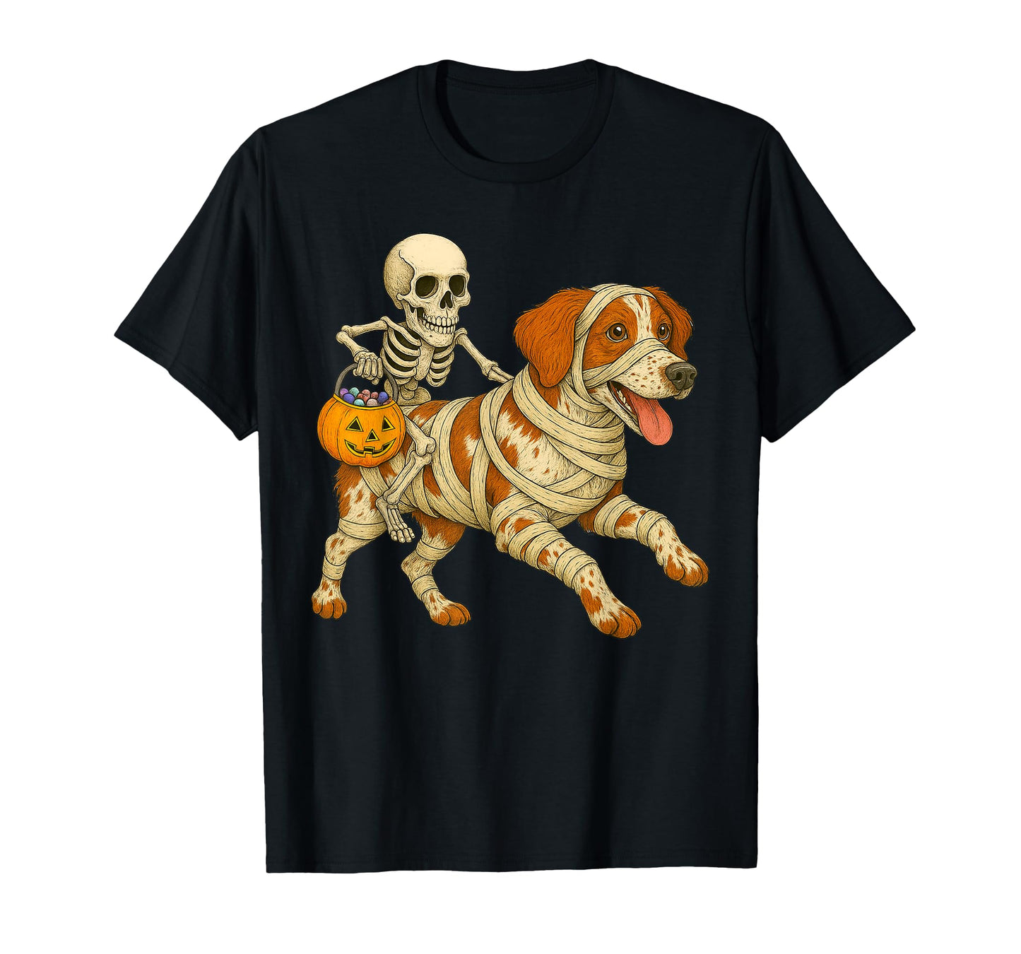 Skeleton Riding Mummy Brittany Spaniel Dog Halloween Funny T-Shirt