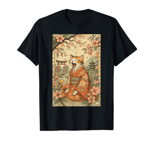 Funny Cat Shirt in Kimono Cherry Blossom Japanese Art T-Shirt