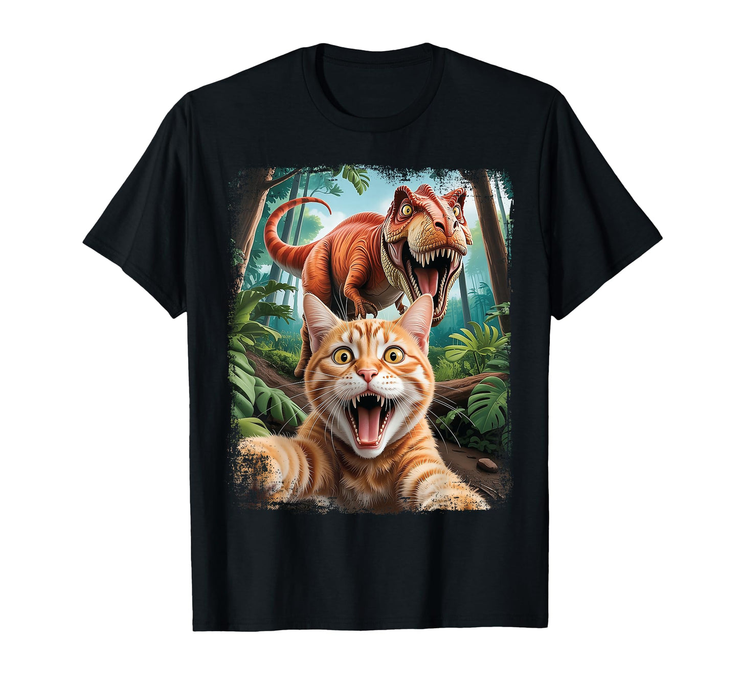 Funny Cat Selfie with Trex Dinosaur Scared T-Shirt