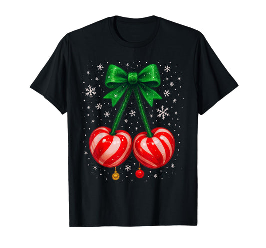 Candycane Cherries with Snowflakes and Green Bow T-Shirt