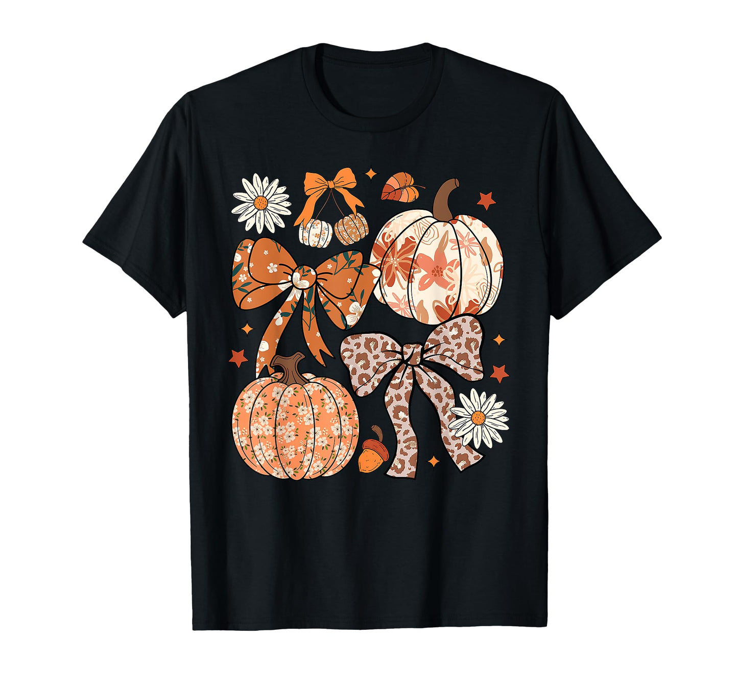 Floral Fall Pumpkin Floral Leopard Coquette Bow Thanksgiving T-Shirt