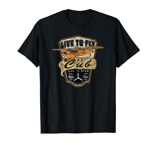 J-3 Cub Airplane "Live to Fly" Vintage Pilot T-shirt T-Shirt