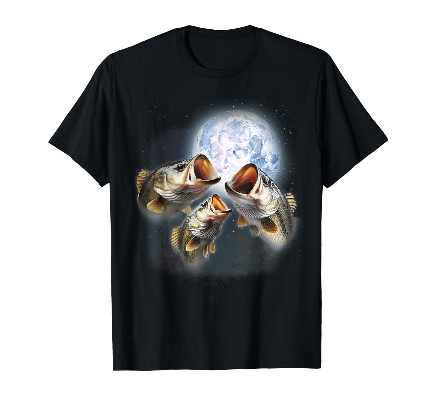 3 Bass Fish At The Moon Funny Bass Fishing Lover Fisherman T-Shirt