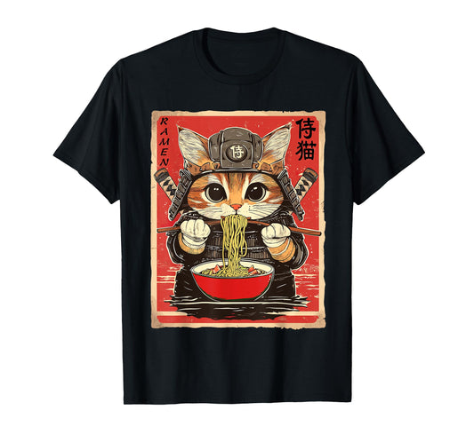 Japanese Samurai Ninja Cat Eating Ramen T-Shirt