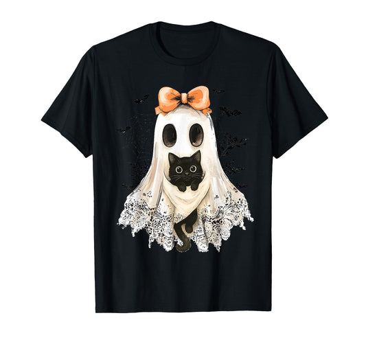 Retro Lace Ghost Coquette Black Cat Spooky Halloween Women T-Shirt