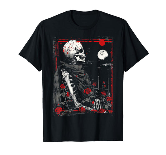 Anime Japanese Goth Cyberpunk City Skeleton Roses Moon T-Shirt