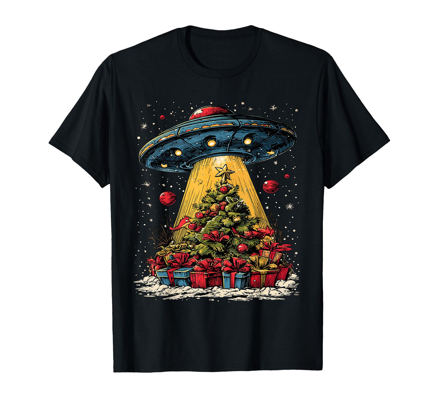 Funny Christmas Tree and UFO Snowflakes Alien Lovers Snowy T-Shirt