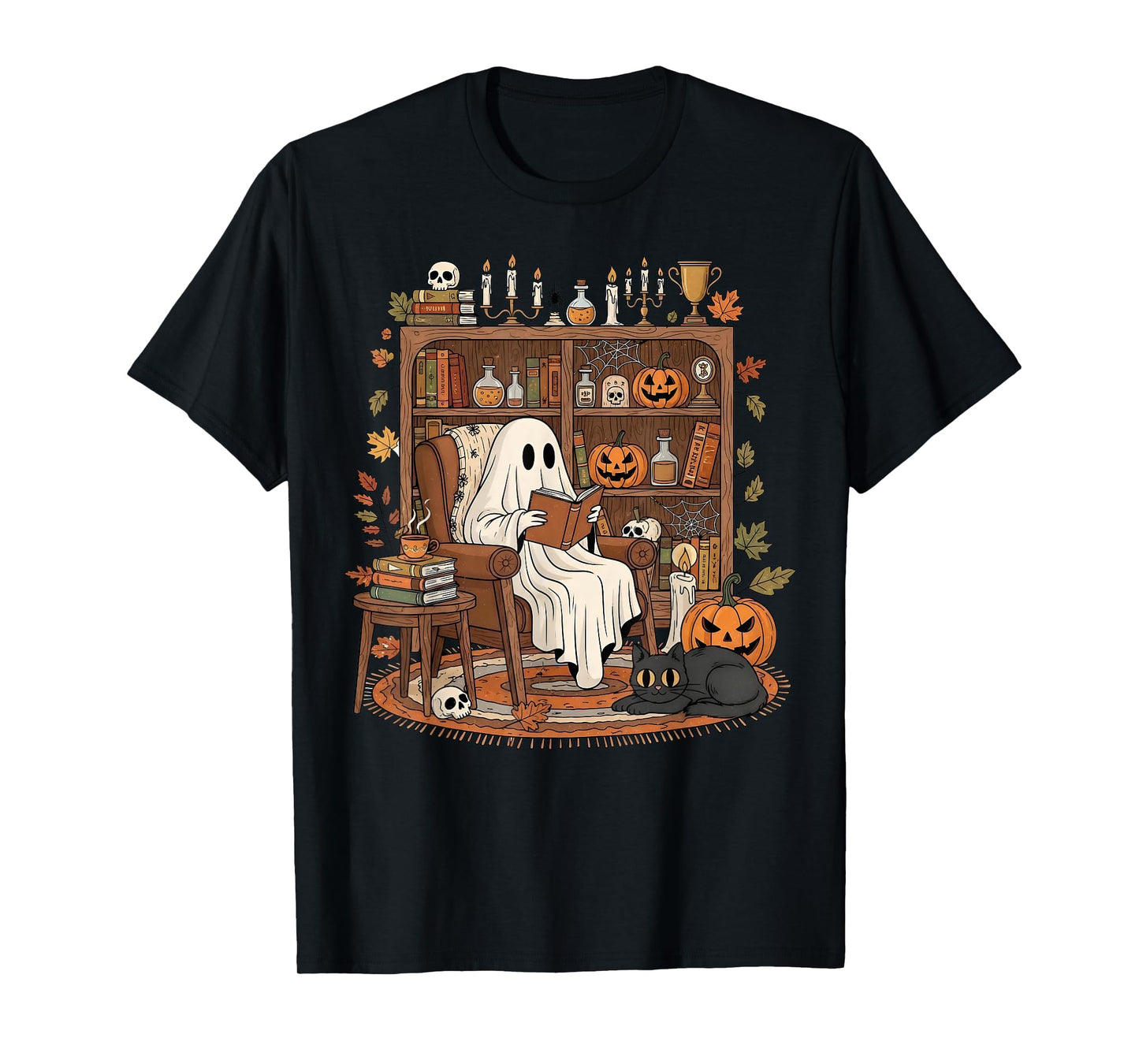 Vintage Ghost Book Reading Pumpkin Gothic Halloween Teachers T-Shirt