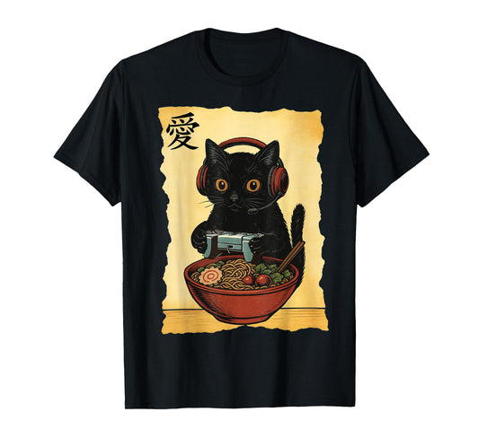Cute Kawaii Gamer Cat Funny Ramen Retro Japanese Cat Gaming T-Shirt