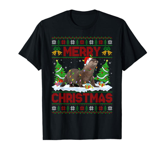 Otter Ugly Xmas Sweater Funny Otter Animal Lights Christmas T-Shirt