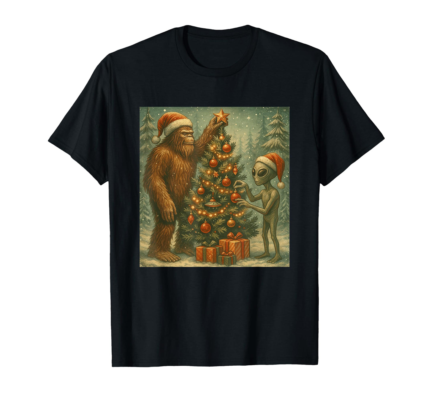 Alien and Bigfoot Decorating Christmas Tree Sasquatch Retro T-Shirt
