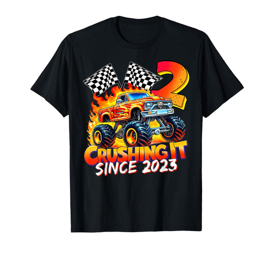 Monster Truck Birthday 2 Year Old Born 2023 2nd Party Boys T-Shirt