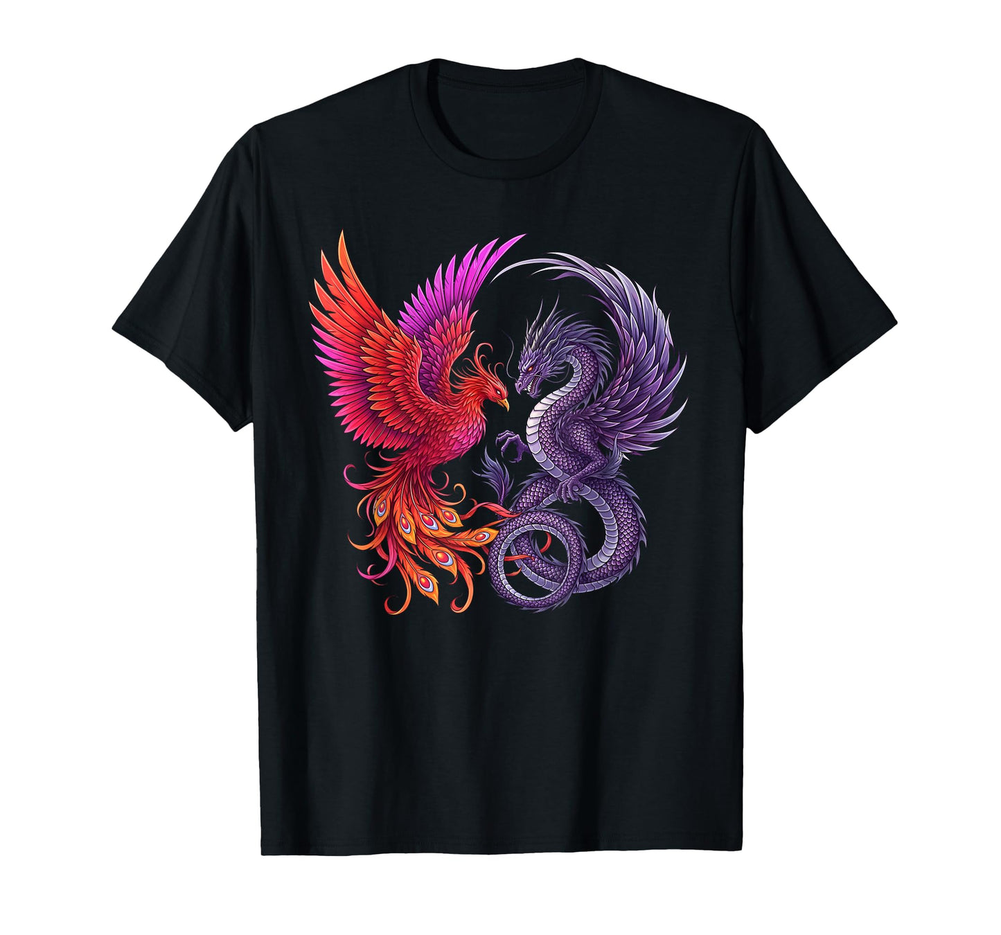 Mystical Phoenix and Dragon Swirl Yin Yang Design Men Women T-Shirt
