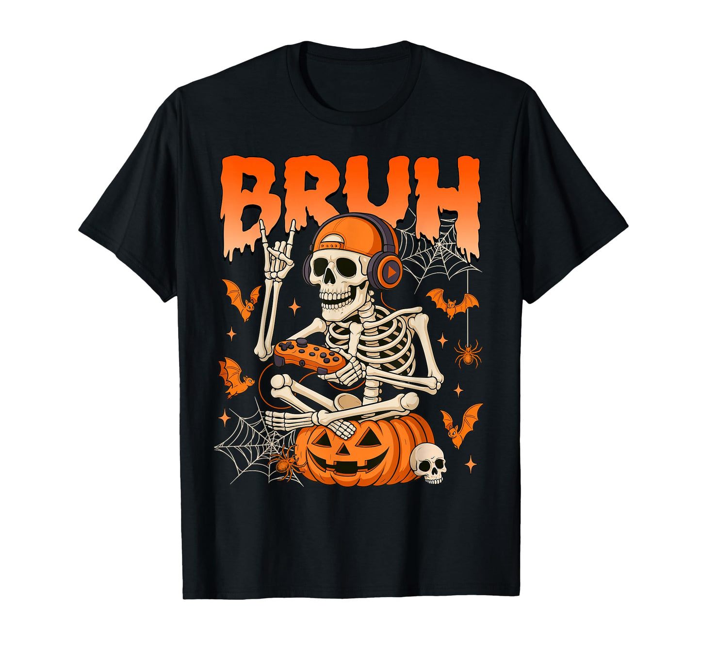 Bruh Halloween Boys Kids Gamer Mens Skeleton Video Gaming T-Shirt