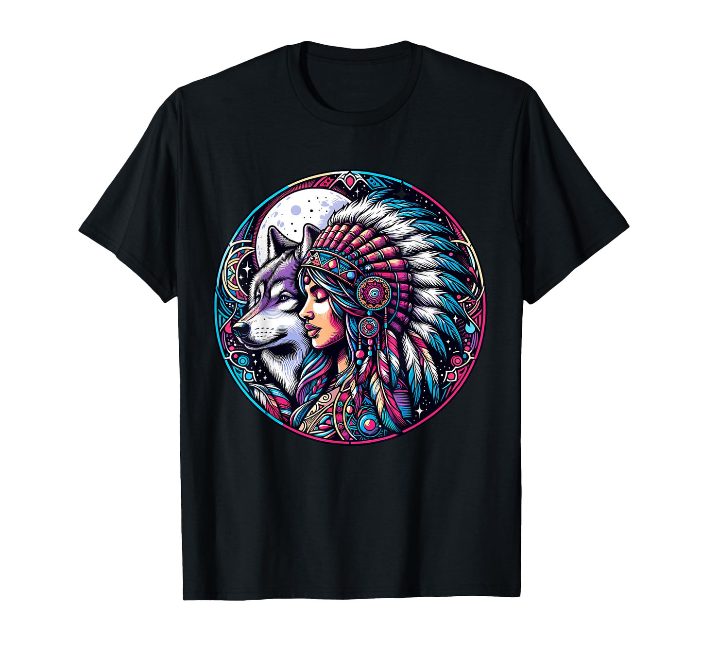 Native American Totem Woman and Wolf T-Shirt