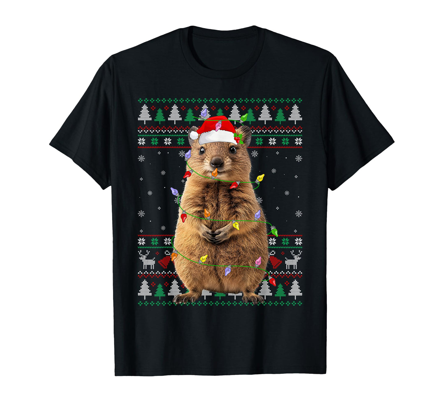 Quokka Christmas Lights Ugly Sweater Santa Hat Quokka Xmas T-Shirt