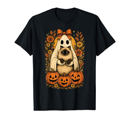 Vintage Ghost Holding Himalayan Cat with Pumpkins Halloween T-Shirt