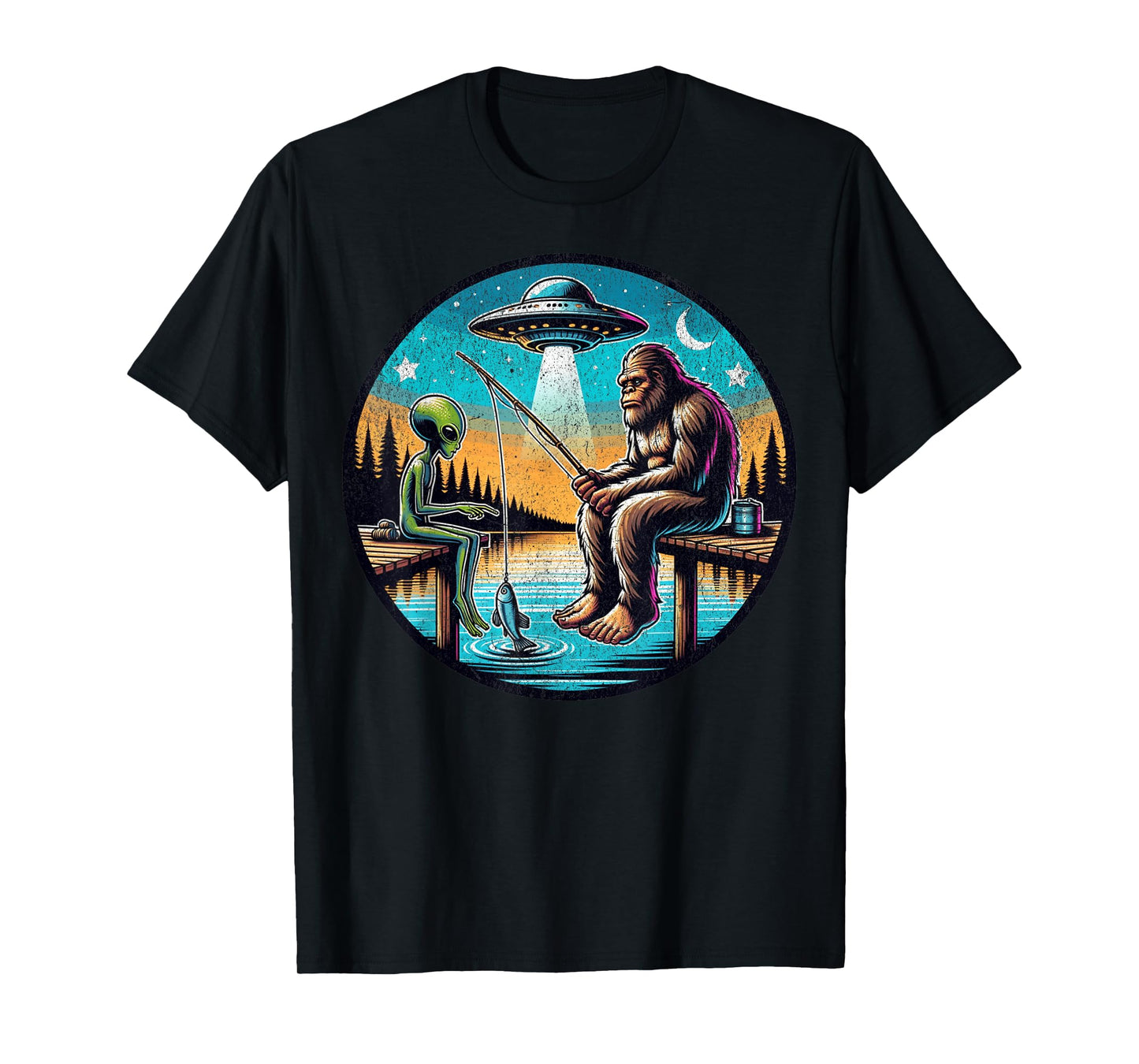 Funny Bigfoot And Alien Fishing. Bigfoot And Alien UFO T-Shirt