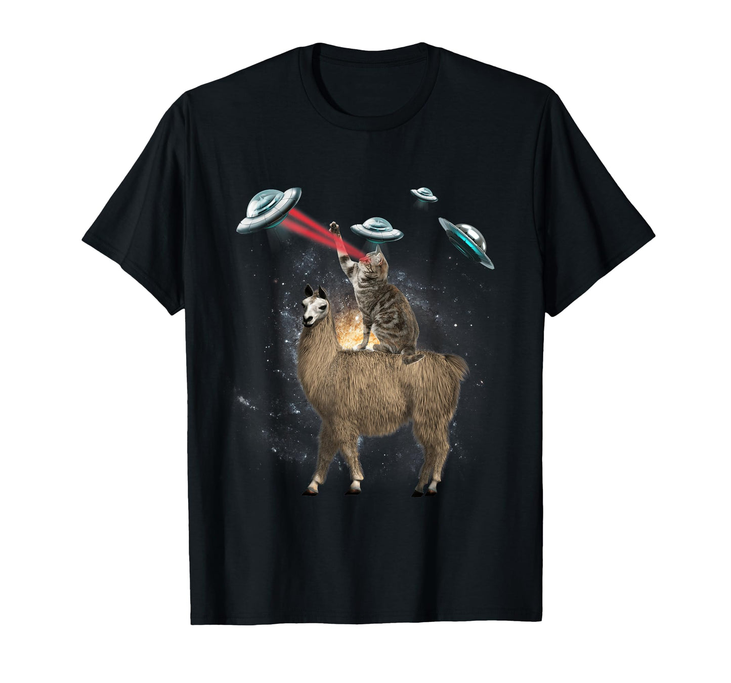 Space Cat Riding Llama Laser Eyes UFO Funny Cat Lover Men Women Kids T-Shirt