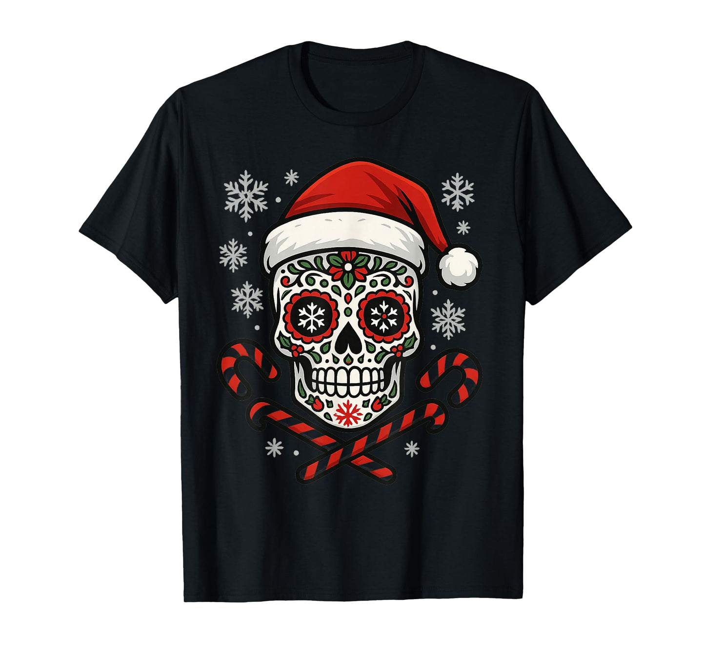 Christmas Sugar Calavera Skull Santa Hat Candy Cane Funny T-Shirt