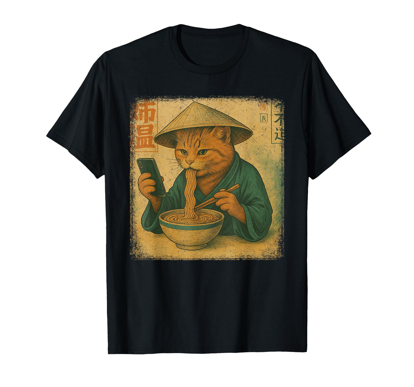 Funny Japanese cat Eat Ramen and Scroll Phone Anime Kitten T-Shirt