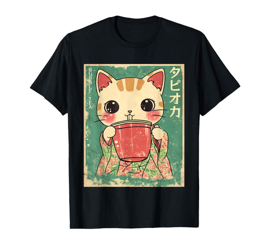 Kawaii Japanese Kimono Cat Bubble Tea Art T-Shirt