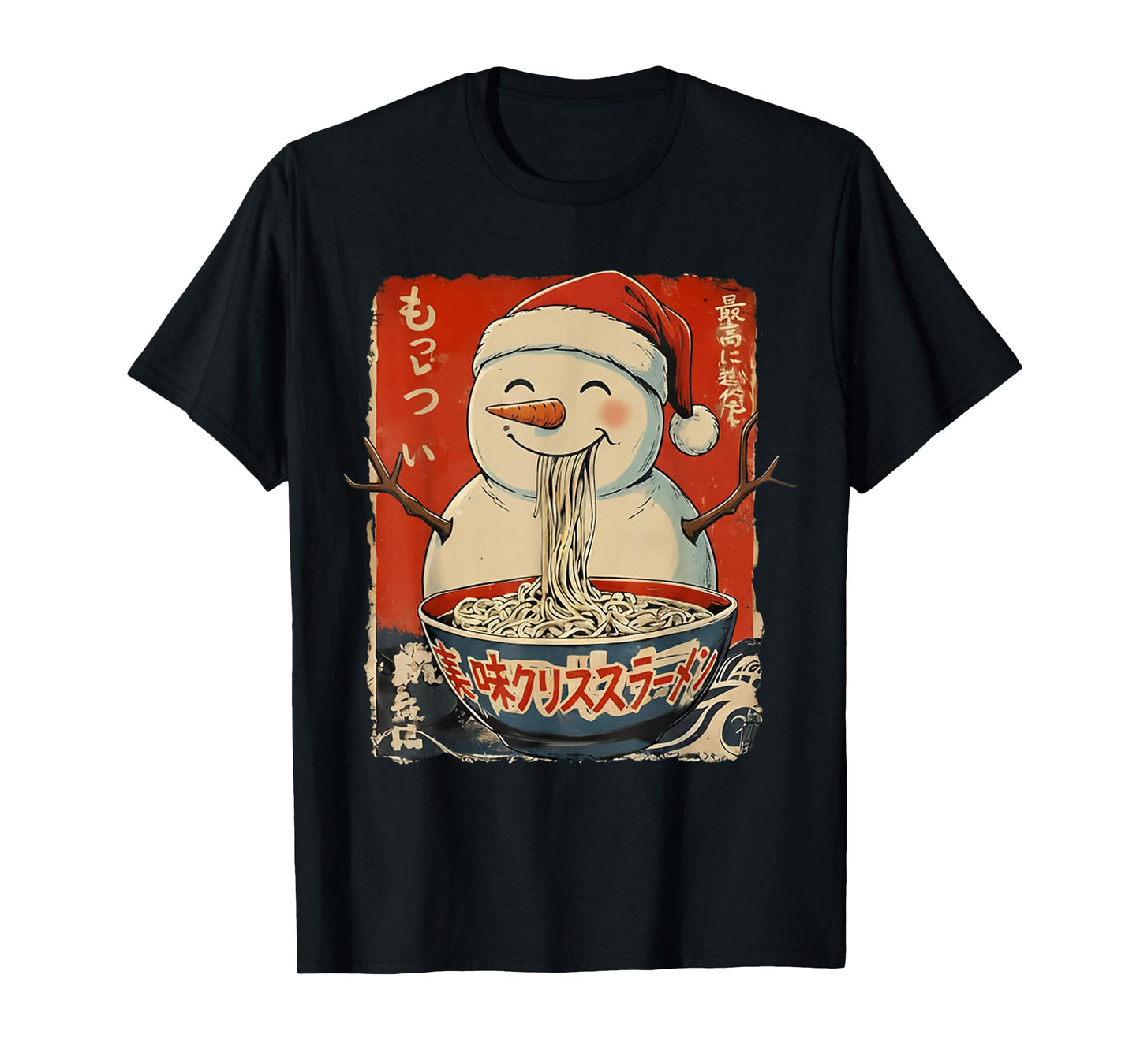 Snowman Eating Ramen Noodles Ukiyo-e Inspired Christmas T-Shirt